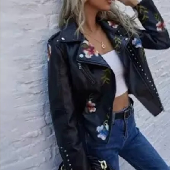 Jackets & Blazers - Floral Embroidered Black Leather Jacket
